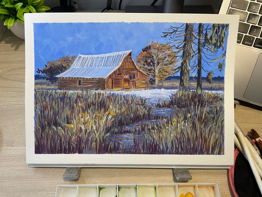 Tranquility Landscape Original Gouache Painting Artwork For Sale