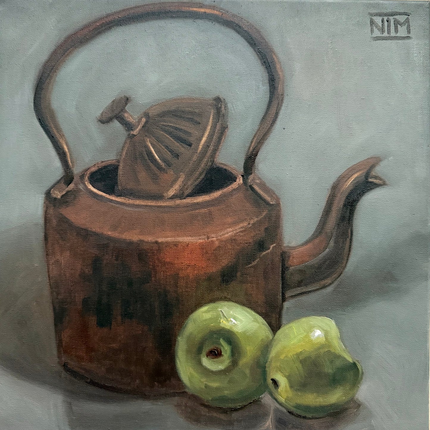 Rustic Kettle & Apples Original Oil Painting Artwork For Sale