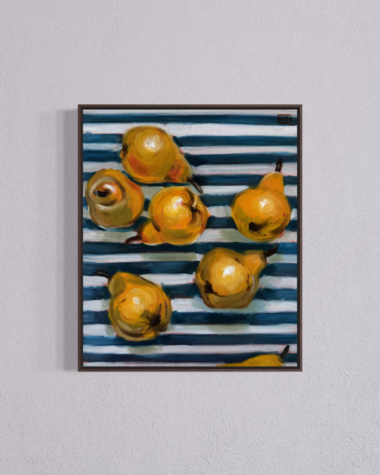 Pears on a Blue Striped Cloth Original Oil Painting Artwork For Sale