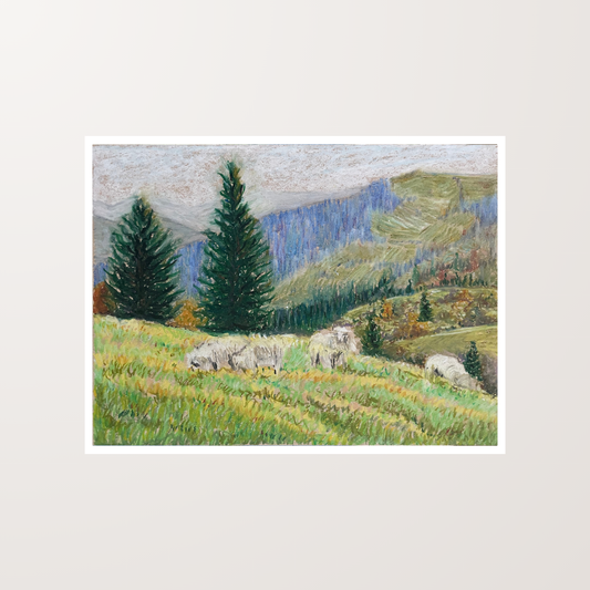 Sheep and Grassy Land Pastel Artwork Art Print For Sale