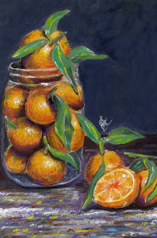 Mandarines Original Gouache Painting Still Life Artwork For Sale