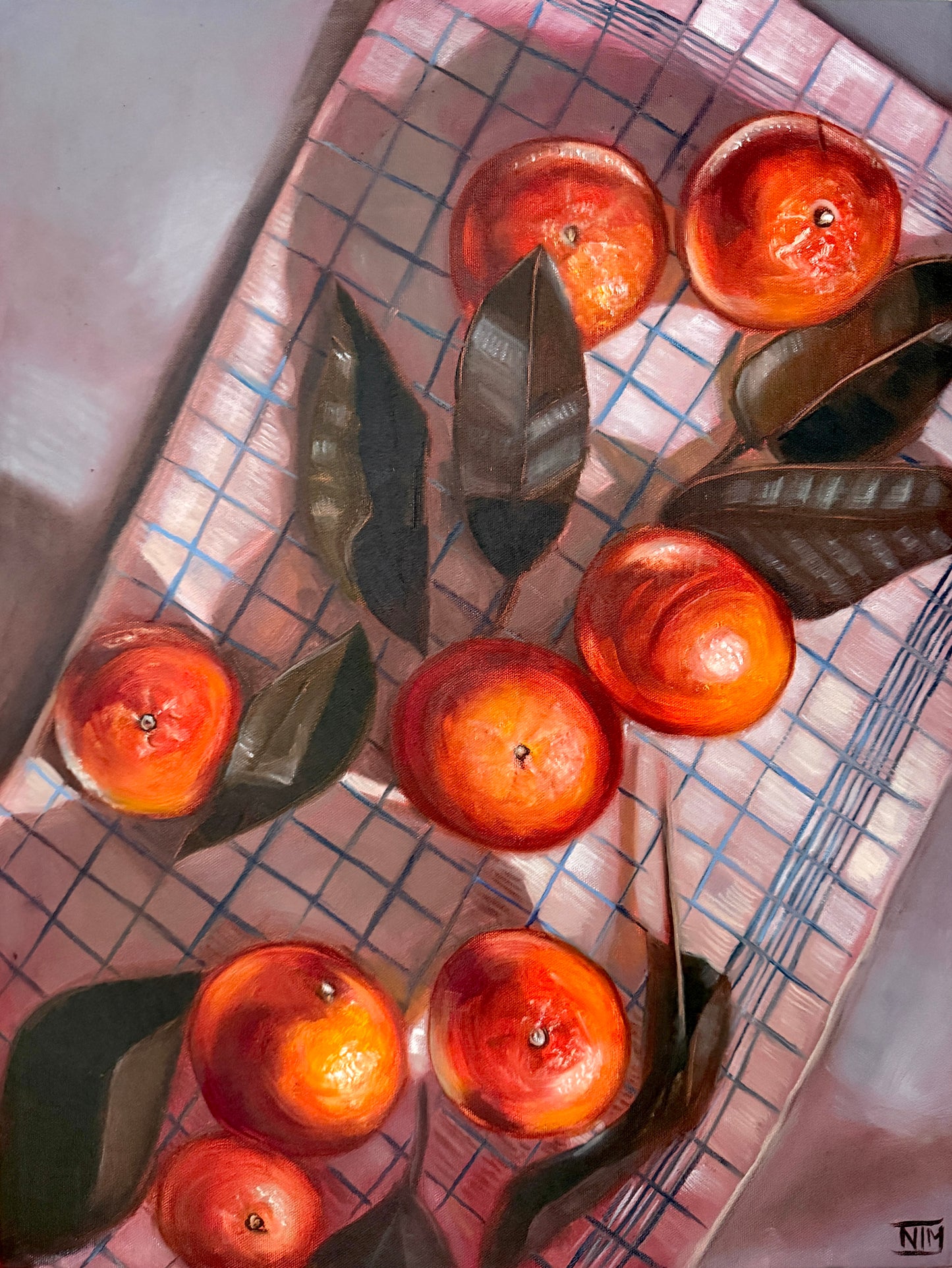 Oranges on Striped Cloth Original Oil Painting Artwork For Sale