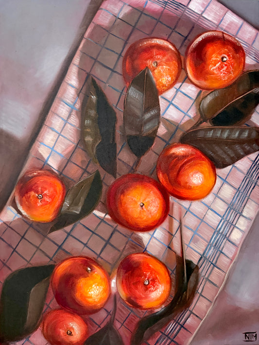 Oranges on Striped Cloth Original Oil Painting Artwork For Sale