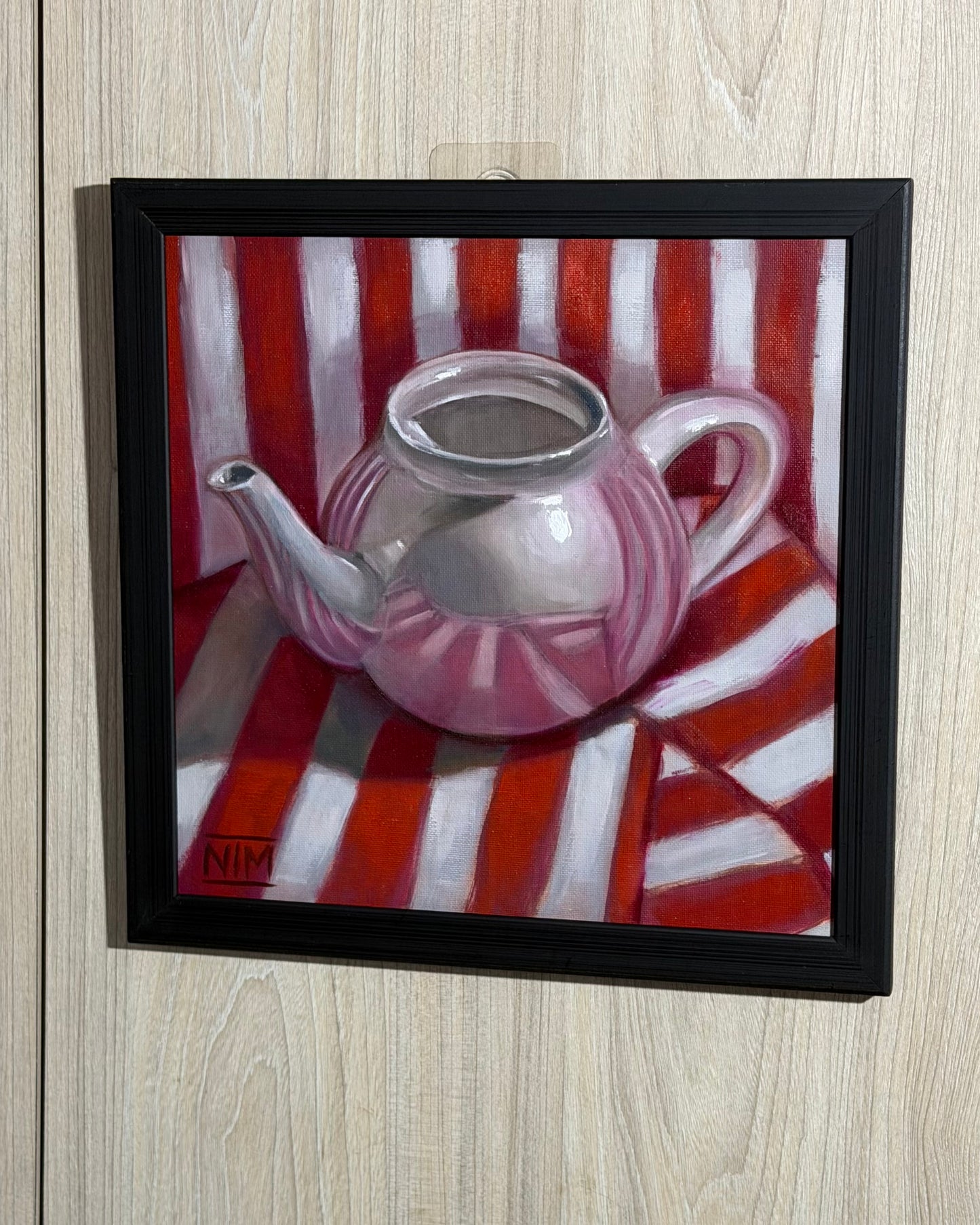 White Teapot on Red Striped Cloth Original Oil Painting Artwork For Sale