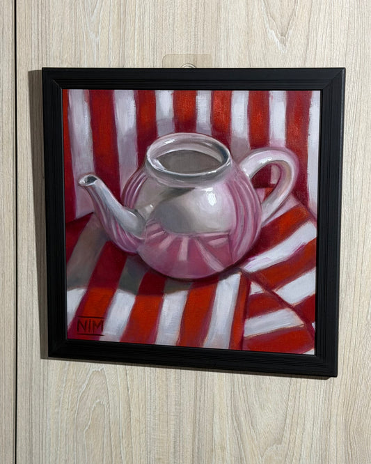 White Teapot on Red Striped Cloth Original Oil Painting Artwork For Sale