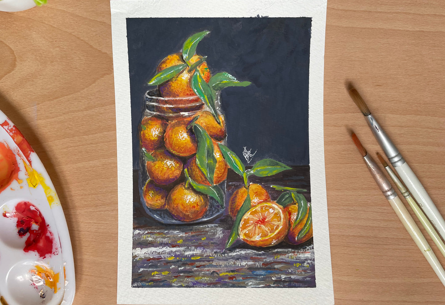 Mandarines Original Gouache Painting Still Life Artwork For Sale