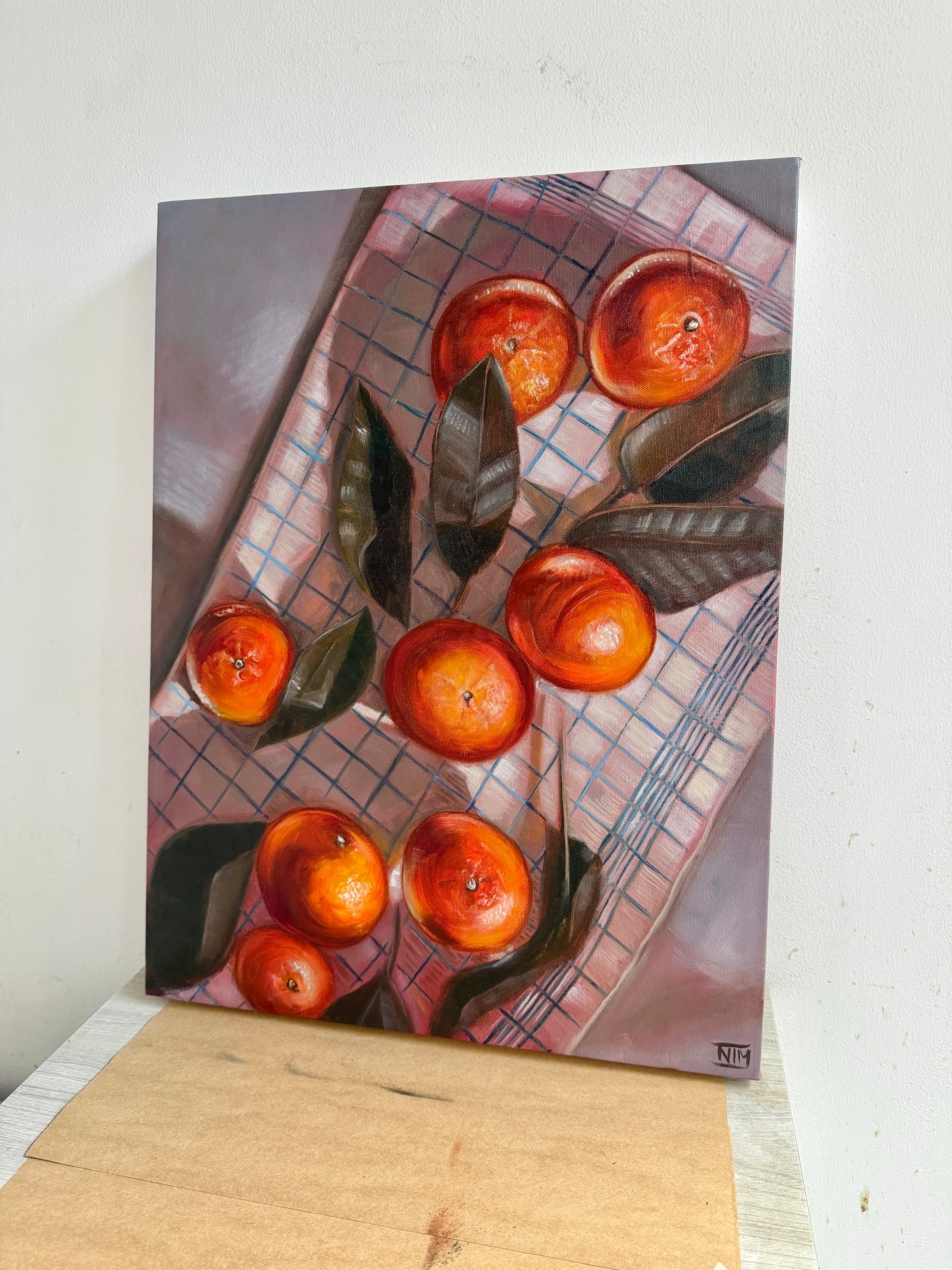 Oranges on Striped Cloth Original Oil Painting Artwork For Sale