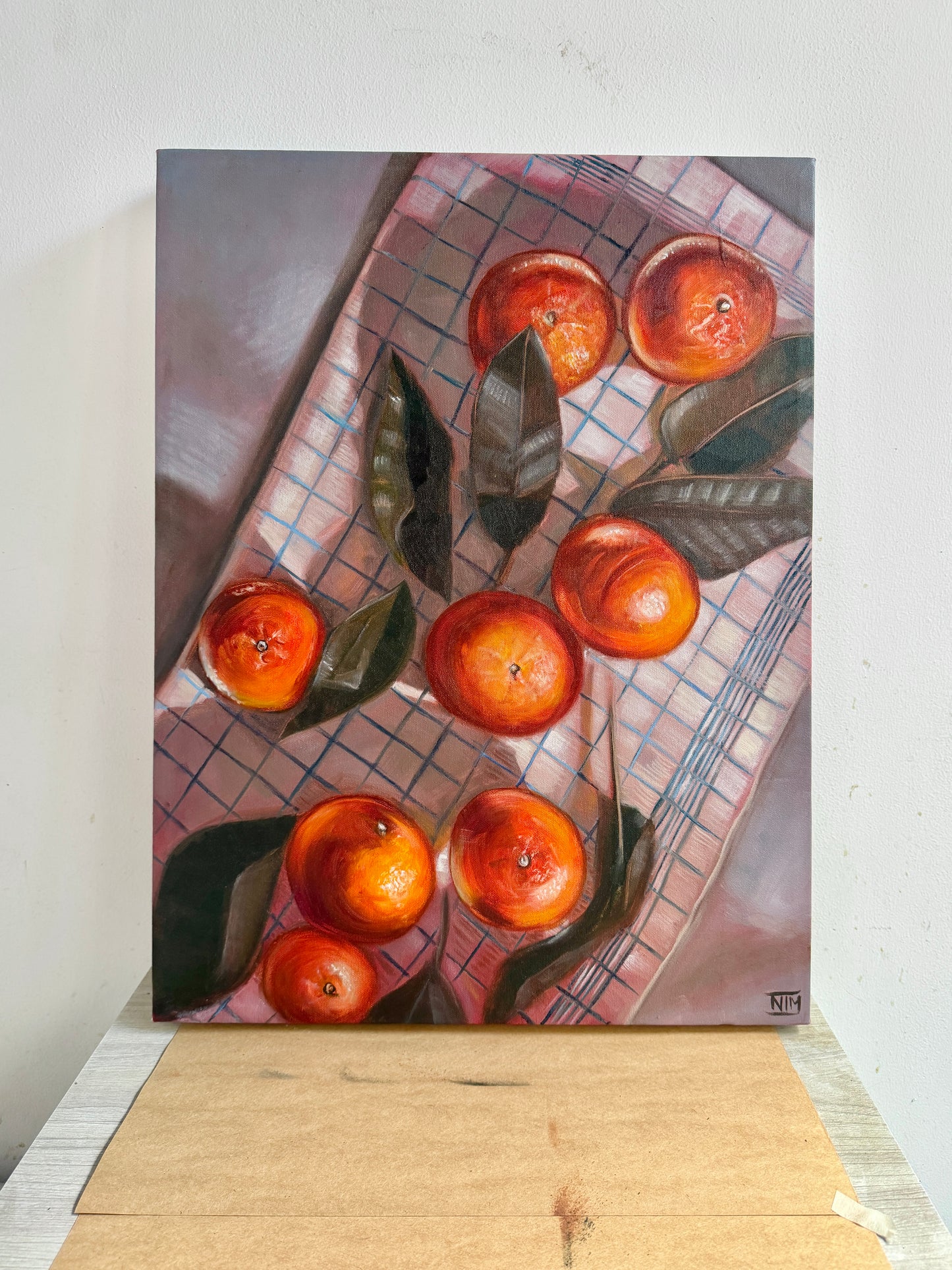 Oranges on Striped Cloth Original Oil Painting Artwork For Sale