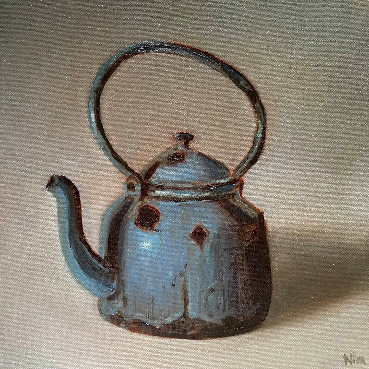 Rustic Blue Kettle Still Life Original Oil Painting Artwork For Sale