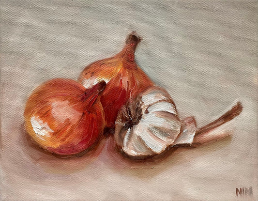 Onions and Garlic Original Still Life Oil Painting Artwork For Sale