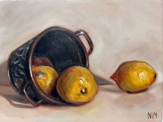 Bucket and Three Lemons Still Life Original Oil Painting Artwork For Sale