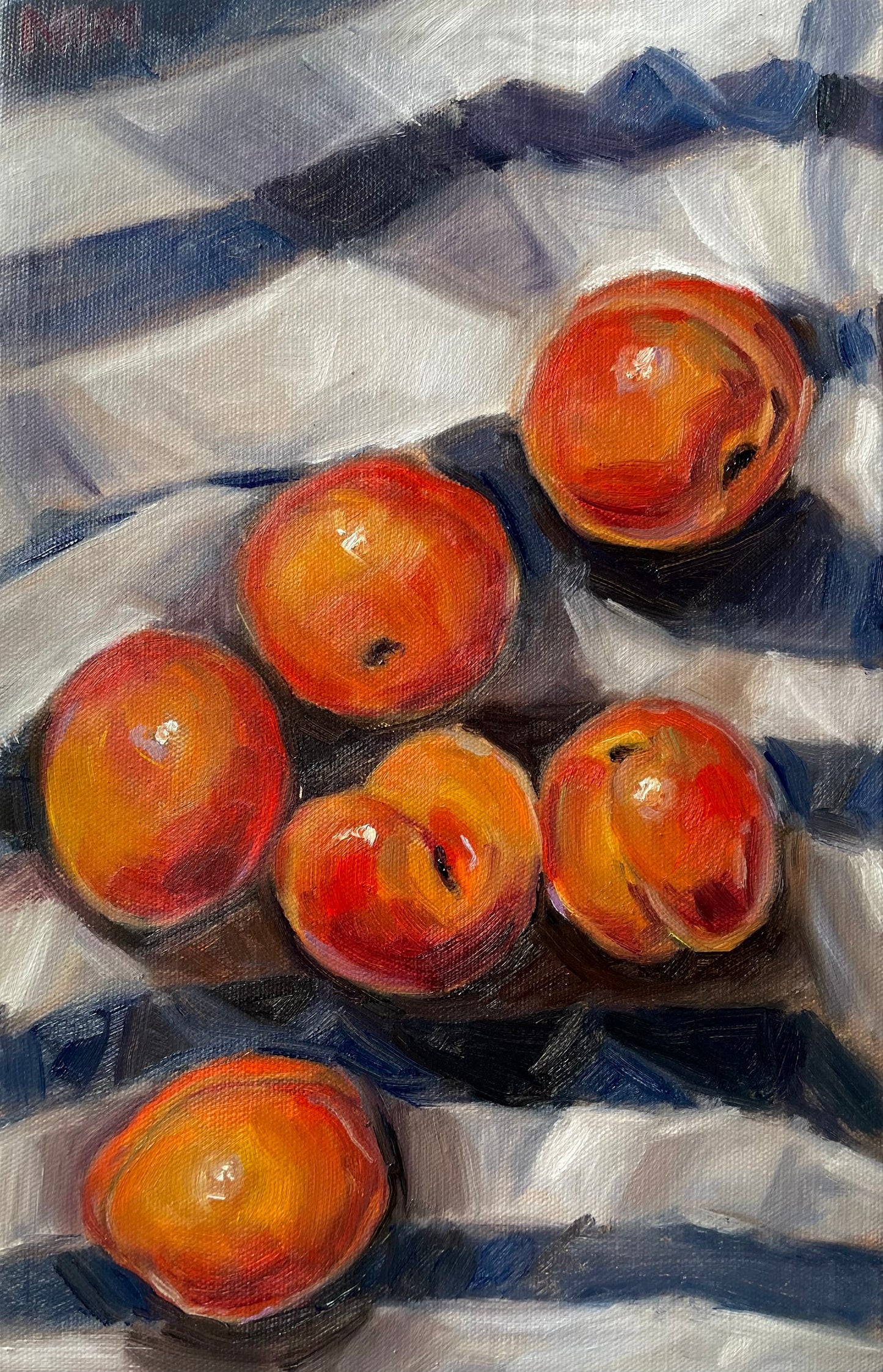 Peaches on a Blue Striped Cloth Still Life Original Oil Painting Artwork For Sale