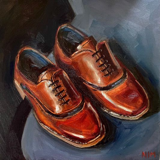 Brown Shoes on a Blue Seater Still Life Original Oil Painting Artwork For Sale