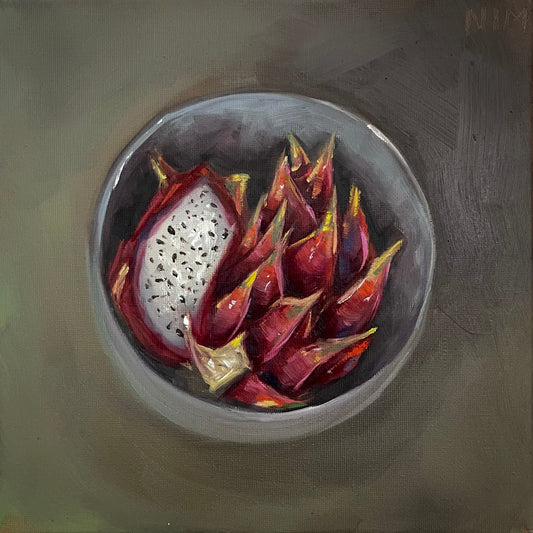 Dragon Fruit in a Grey Bowl Still Life Original Oil Painting Artwork For Sale