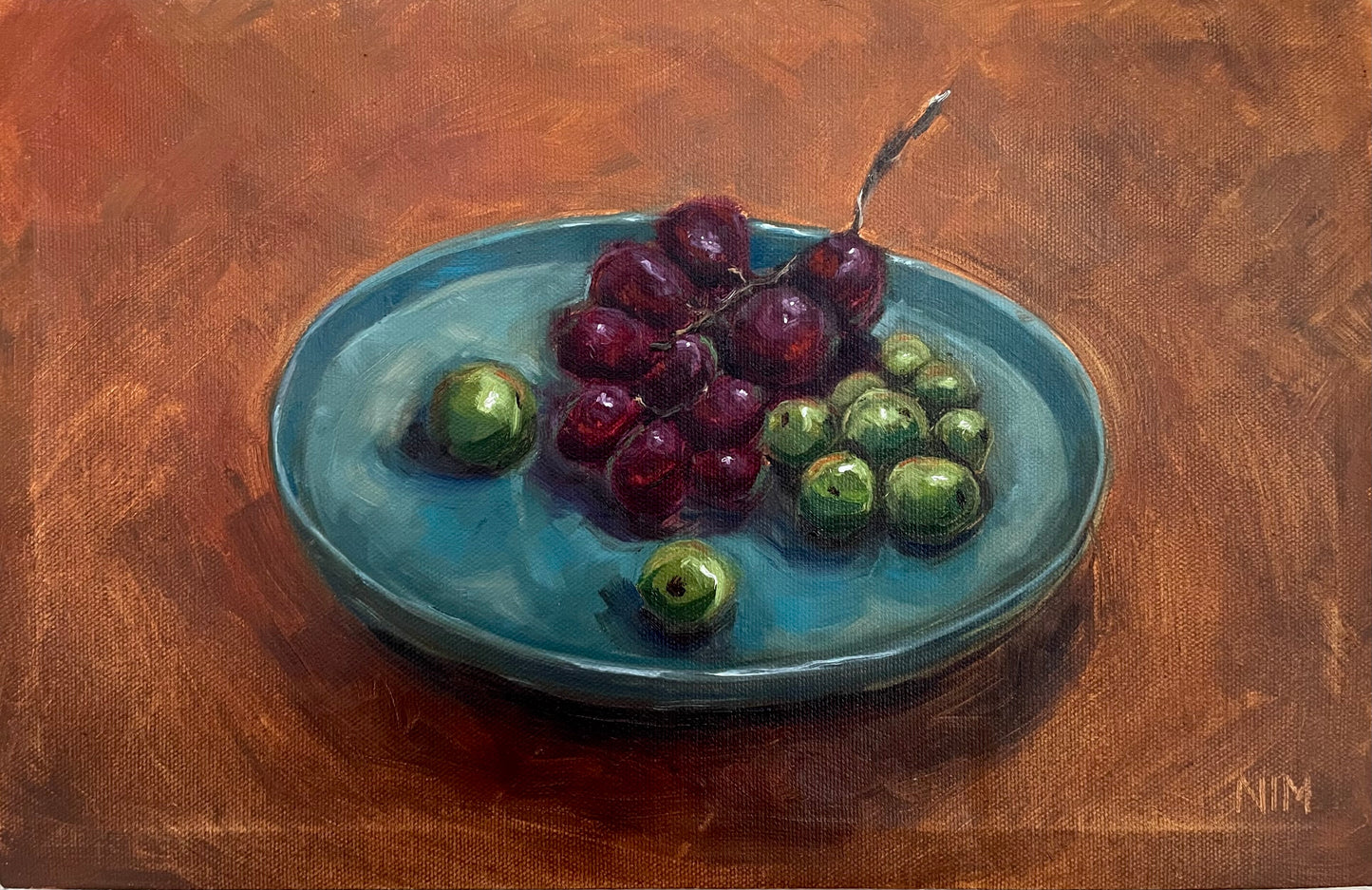 Grapes on a Blue Plate Still Life Original Oil Painting Artwork For Sale