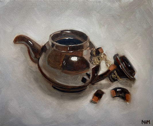 Broken Brown Kettle Still Life Original Oil Painting Artwork For Sale