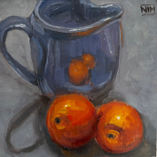Blue Jug & Oranges Original Oil Painting Artwork For Sale