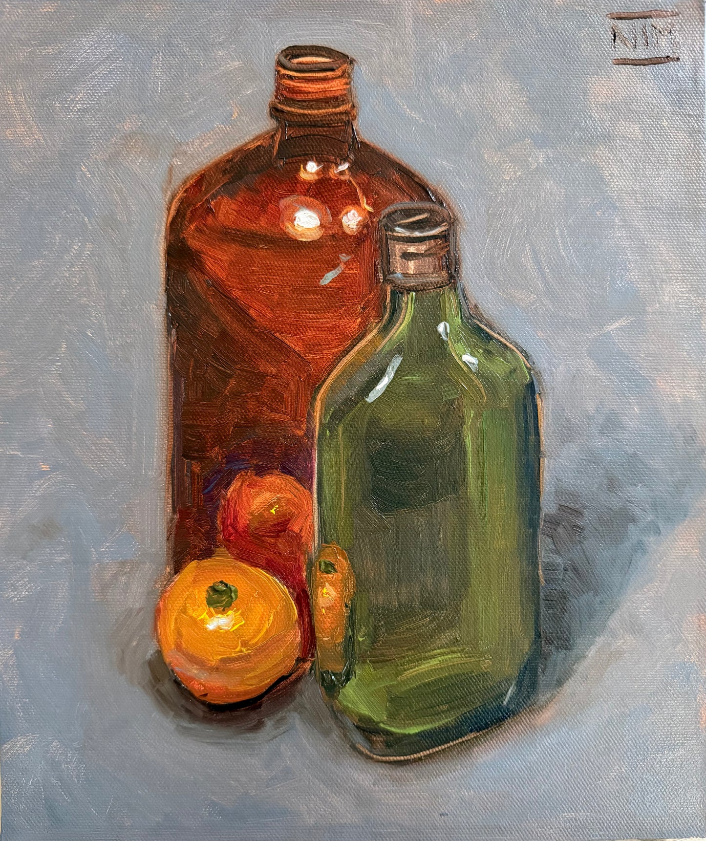 Two Bottles & Orange Original Oil Painting Artwork For Sale