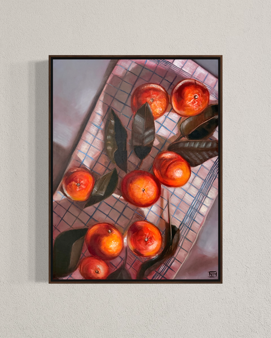 Oranges on Striped Cloth Original Oil Painting Artwork For Sale