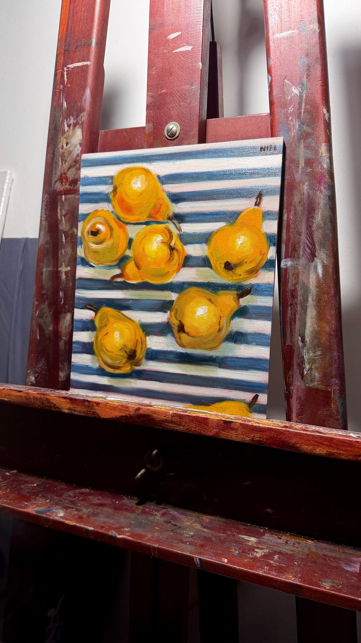 Pears on a Blue Striped Cloth Original Oil Painting Artwork For Sale
