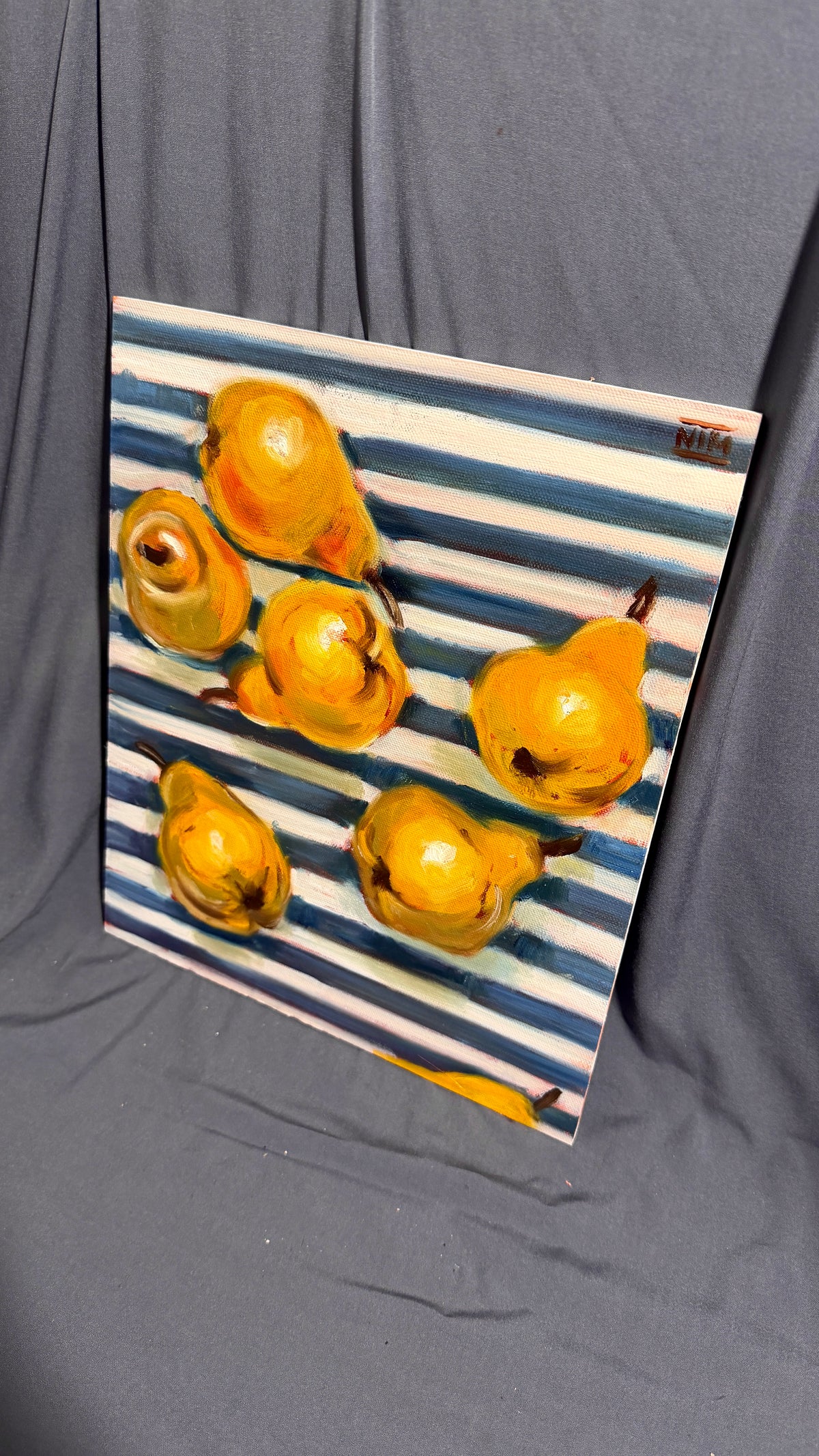 Pears on a Blue Striped Cloth Original Oil Painting Artwork For Sale