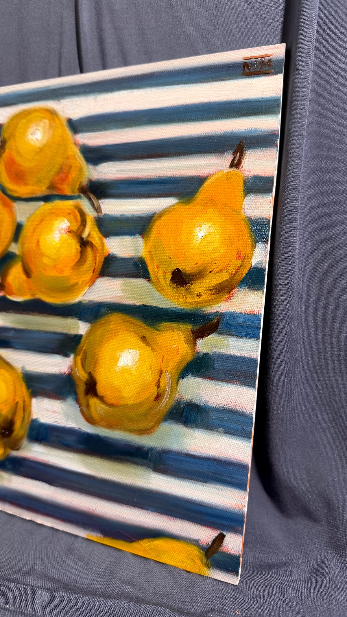 Pears on a Blue Striped Cloth Original Oil Painting Artwork For Sale