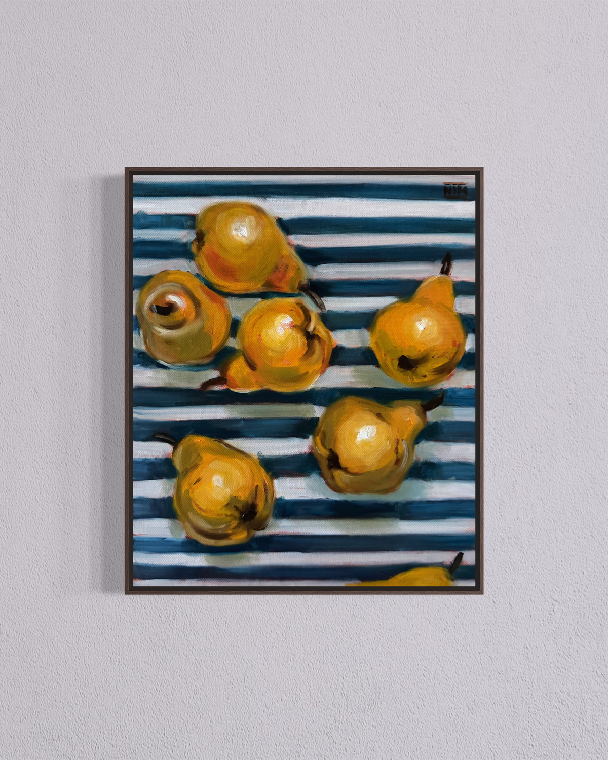 Pears on a Blue Striped Cloth Original Oil Painting Artwork For Sale