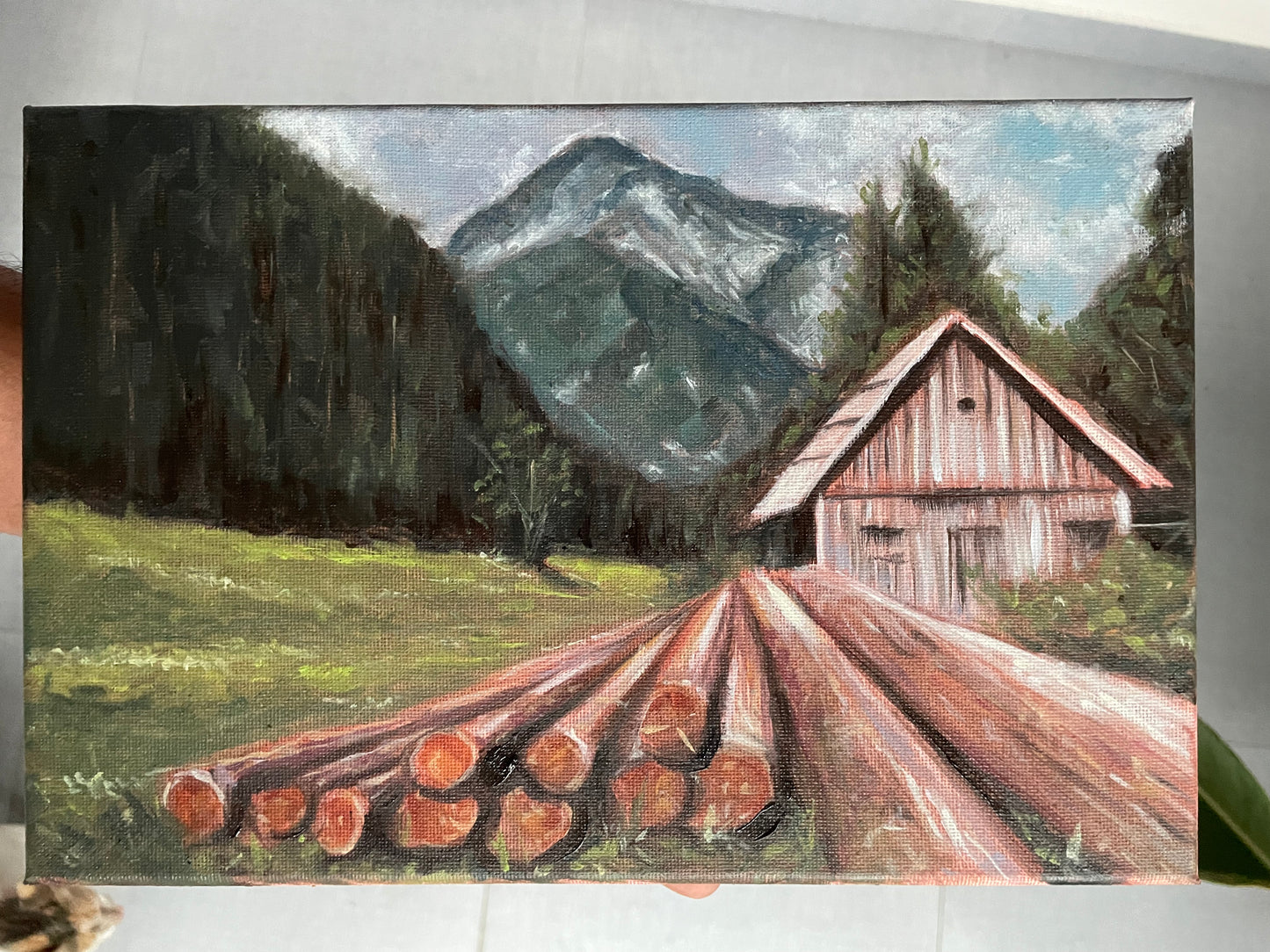 Brown Logs on Grassy Field Original Landscape Oil Painting Artwork For Sale