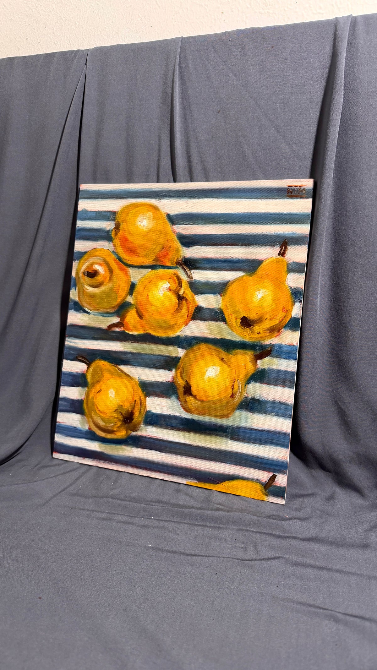 Pears on a Blue Striped Cloth Original Oil Painting Artwork For Sale