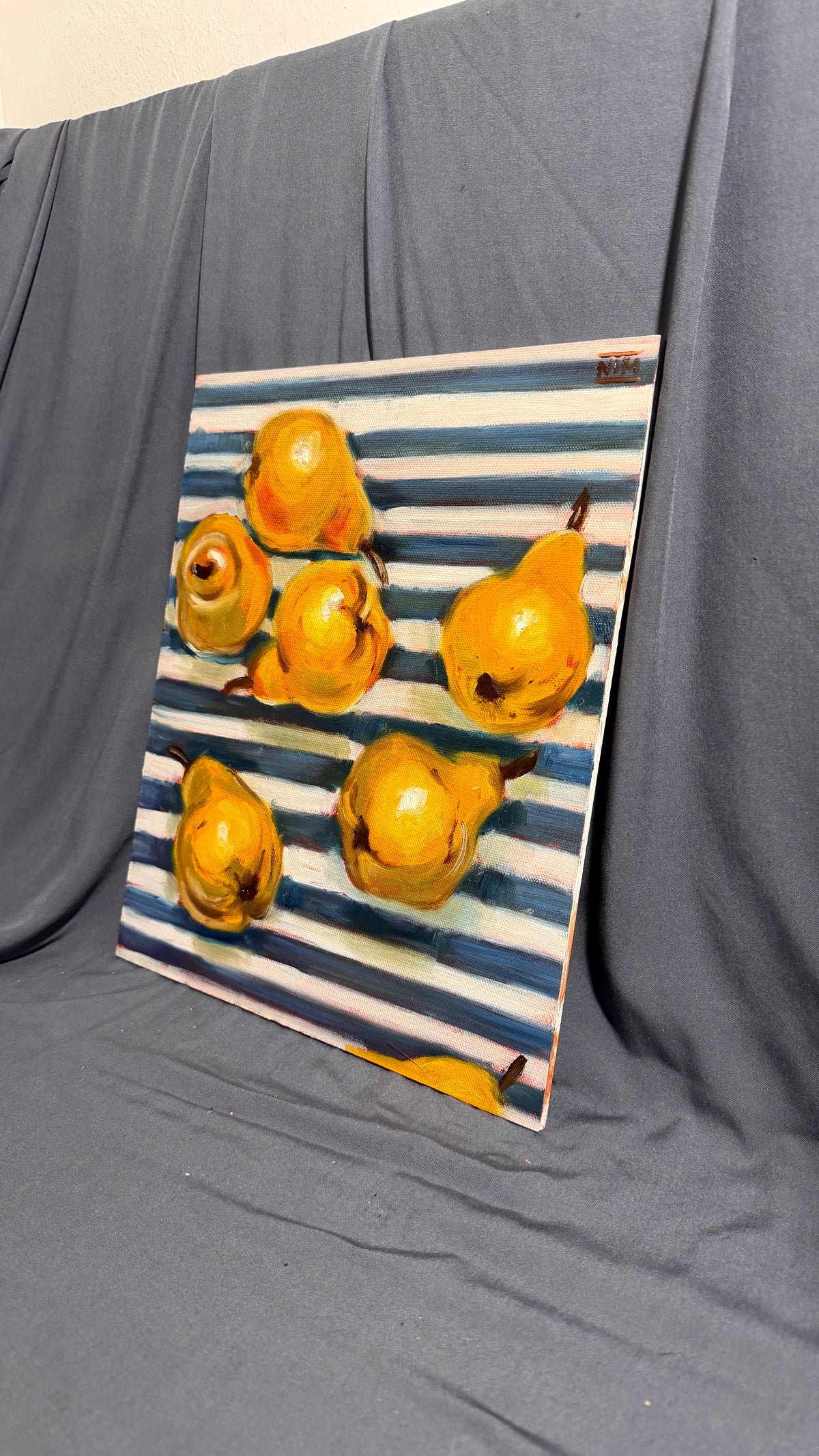 Pears on a Blue Striped Cloth Original Oil Painting Artwork For Sale