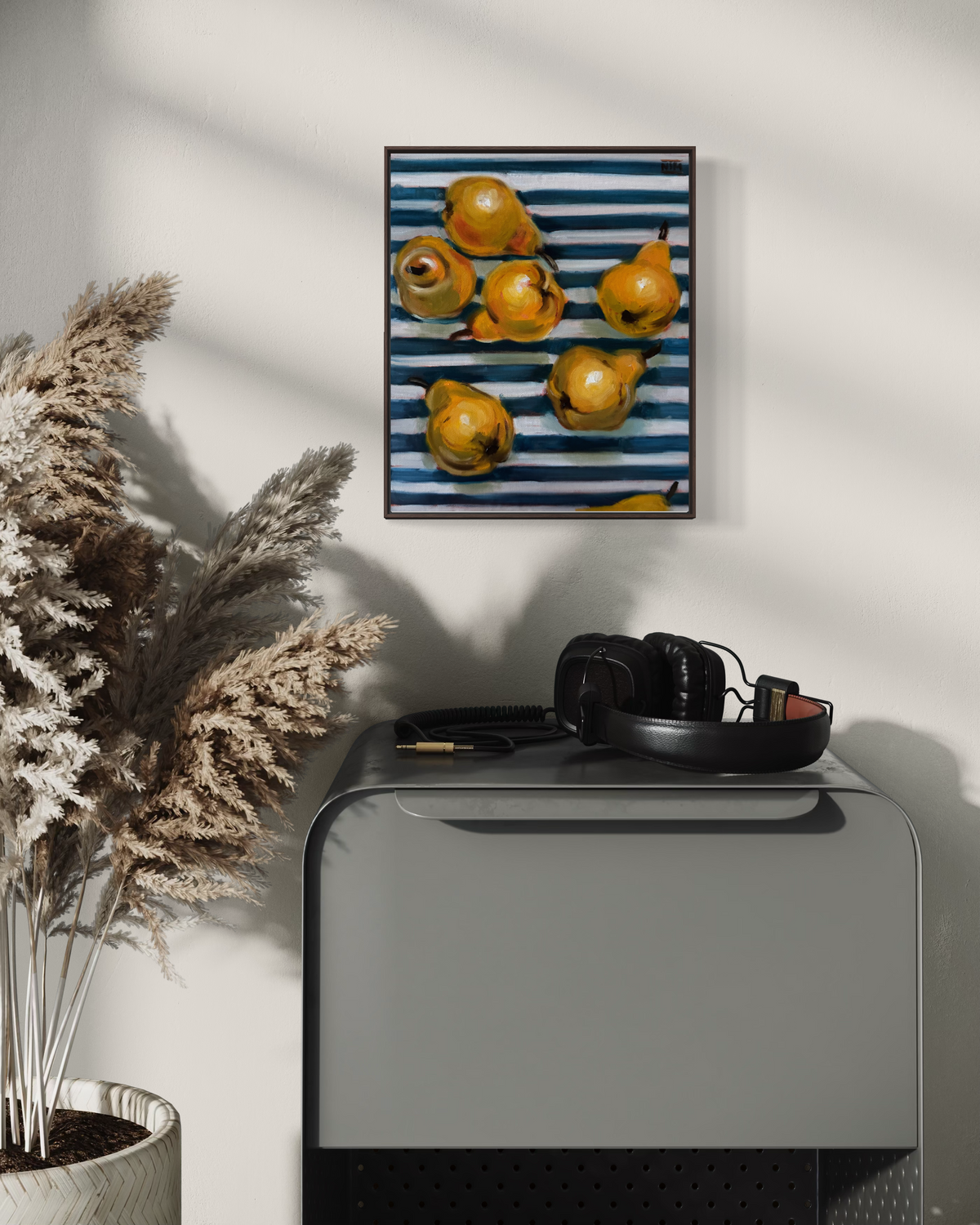 Pears on a Blue Striped Cloth Original Oil Painting Artwork For Sale