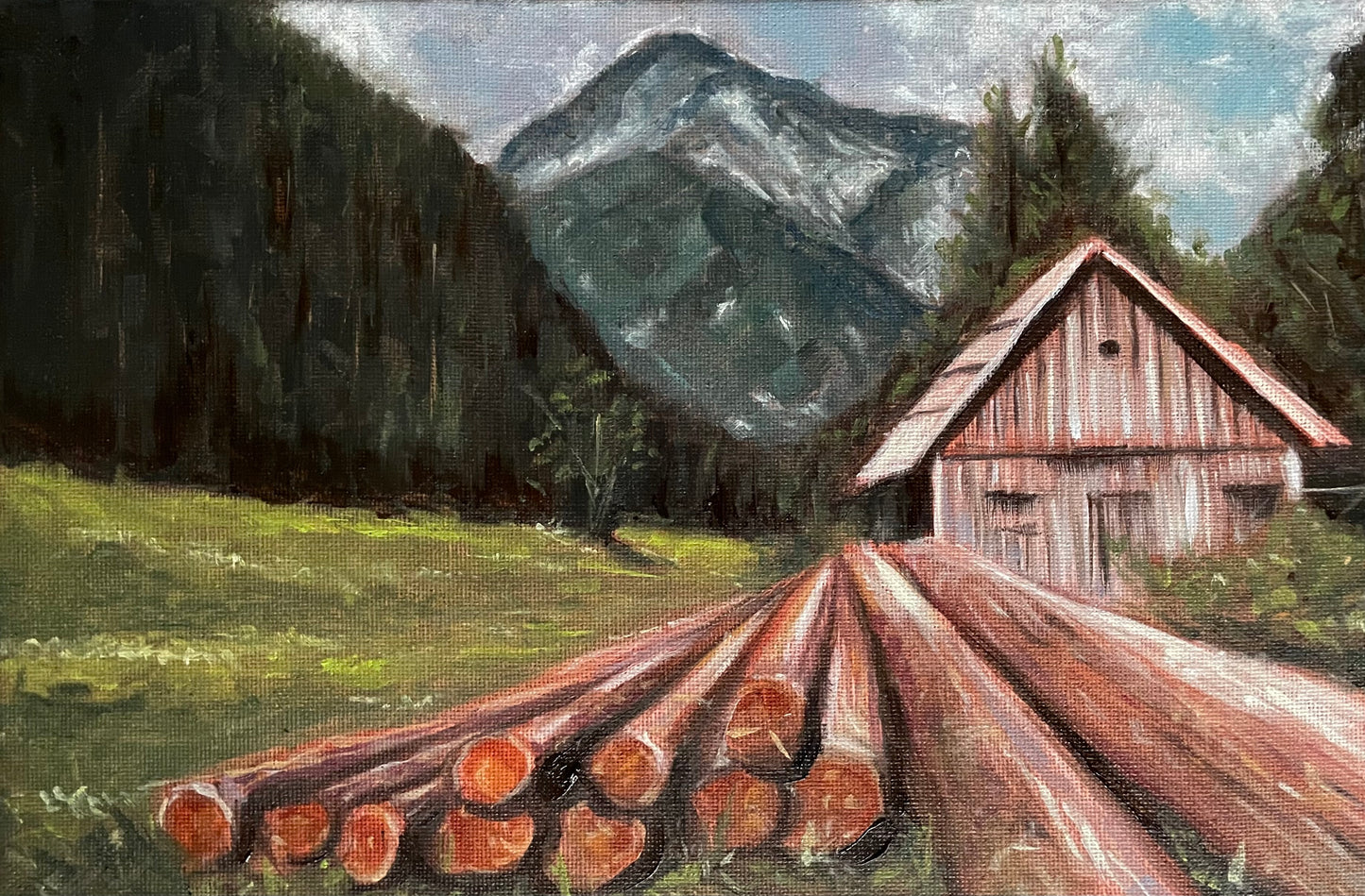 Brown Logs on Grassy Field Original Landscape Oil Painting Artwork For Sale