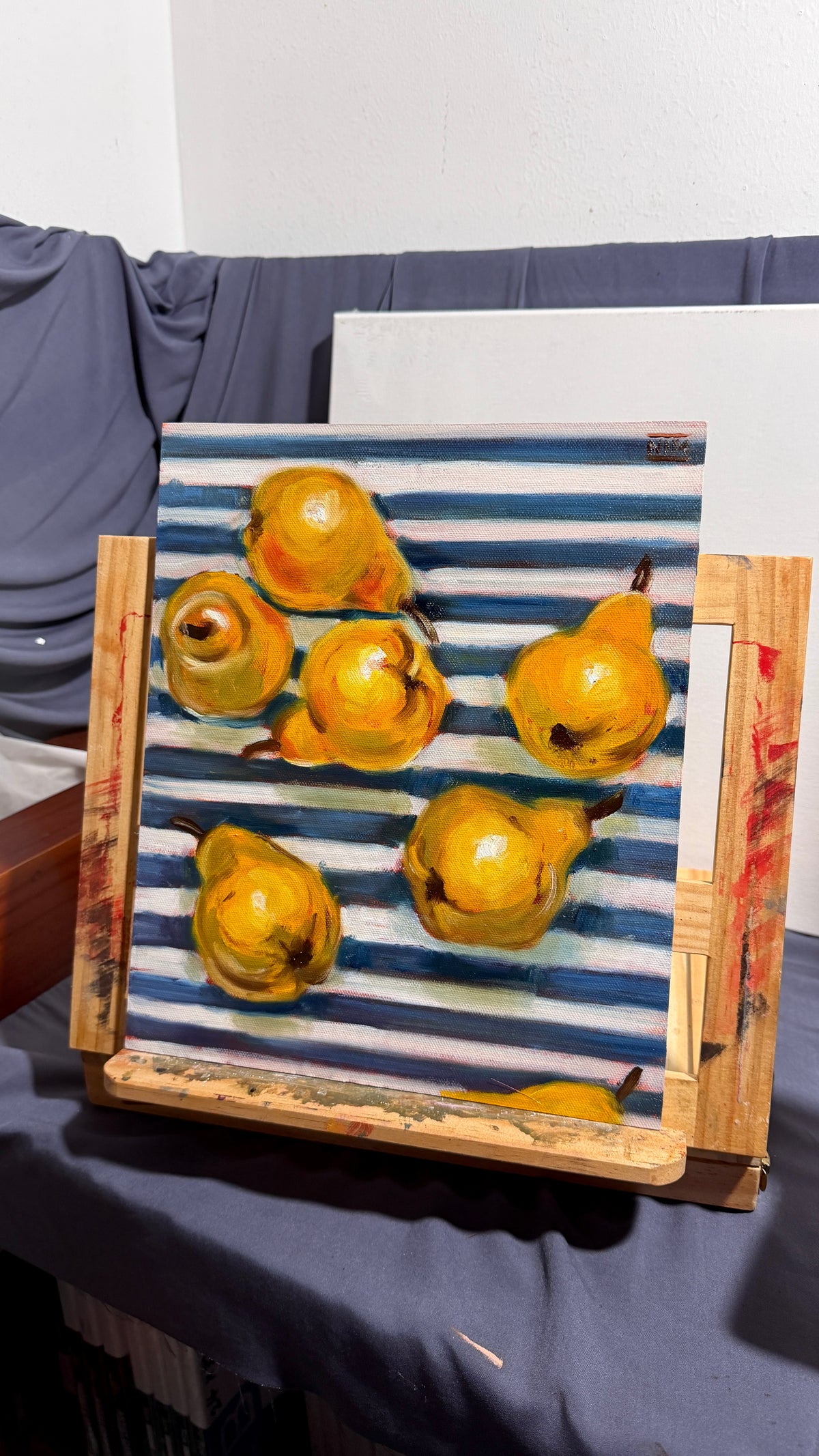 Pears on a Blue Striped Cloth Original Oil Painting Artwork For Sale
